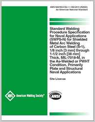 Picture of AWS-NAVSEA B2.1-1-302:2015 (R2025) - STANDARD WELDING PROCEDURE SPECIFICATION FOR NAVAL APPLICATIONS (SWPS-N) FOR SHIELDED METAL ARC WELDING OF CARBON STEEL (S-1), 1/8 INCH [3 MM] THROUGH 1-1/2 INCH [38 MM] THICK, MIL-7018-M, IN THE AS-WELDED OR PWHT CONDITION