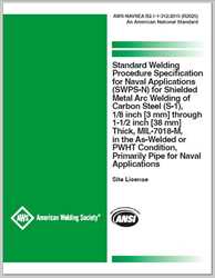 Picture of AWS-NAVSEA B2.1-1-312:2015 (R2025) - STANDARD WELDING PROCEDURE SPECIFICATION FOR NAVAL APPLICATIONS (SWPS-N) FOR SHIELDED METAL ARC WELDING OF CARBON STEEL (S-1), 1/8 INCH [3 MM] THROUGH 1-1/2 INCH [38 MM] THICK, MIL-7018-M, IN THE AS-WELDED OR PWHT CONDITION